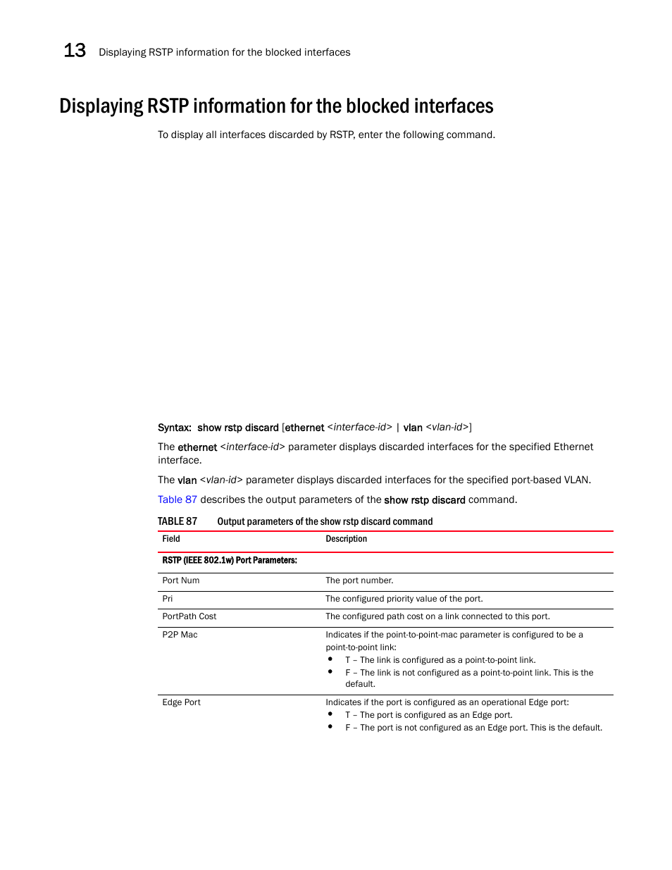 Displaying rstp, Information for the blocked interfaces | Brocade BigIron RX Series Configuration Guide User Manual | Page 480 / 1550