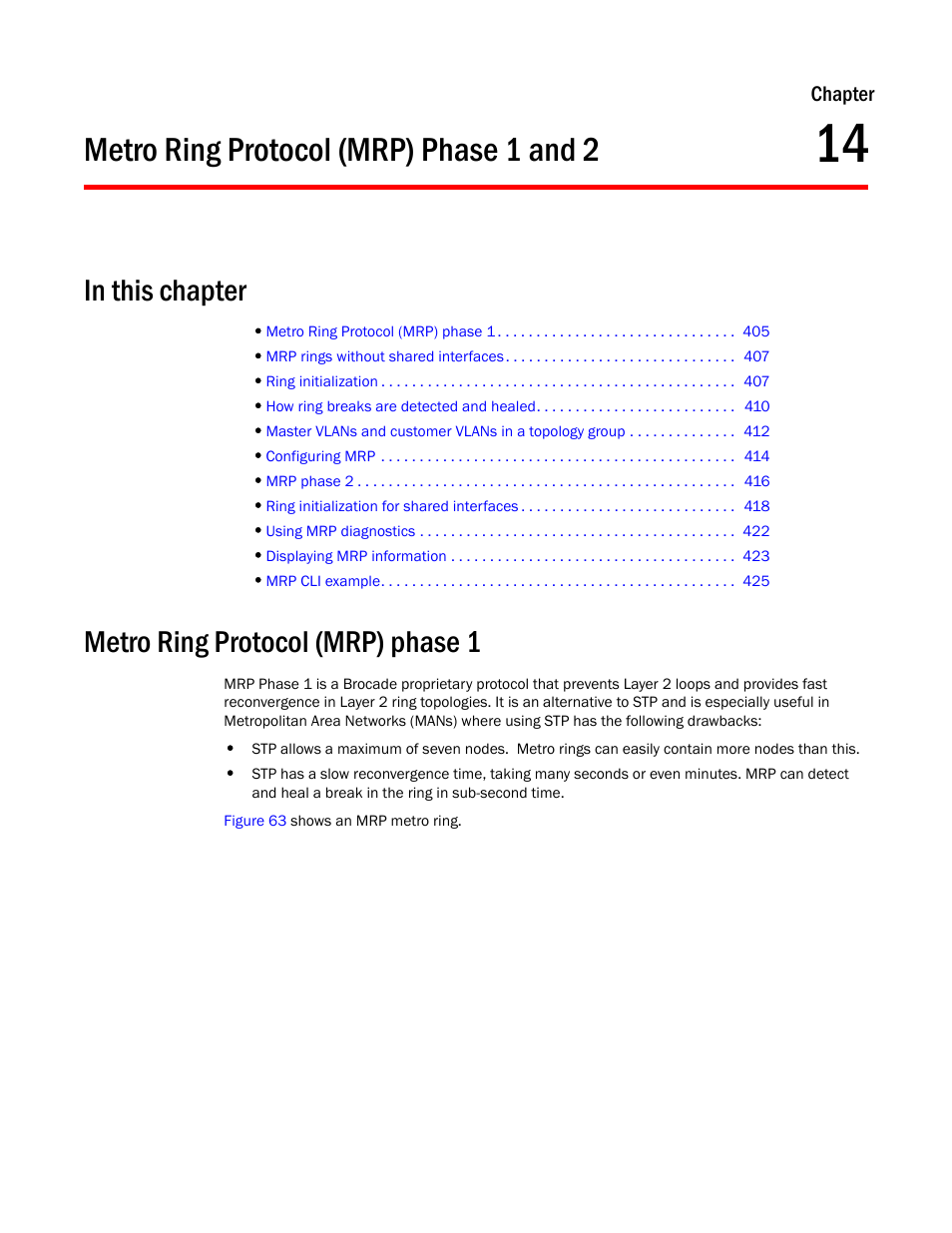 Metro ring protocol (mrp) phase 1 and 2, Metro ring protocol (mrp) phase 1, Chapter 14 | Metro ring, Protocol (mrp) phase 1 and 2 | Brocade BigIron RX Series Configuration Guide User Manual | Page 483 / 1550