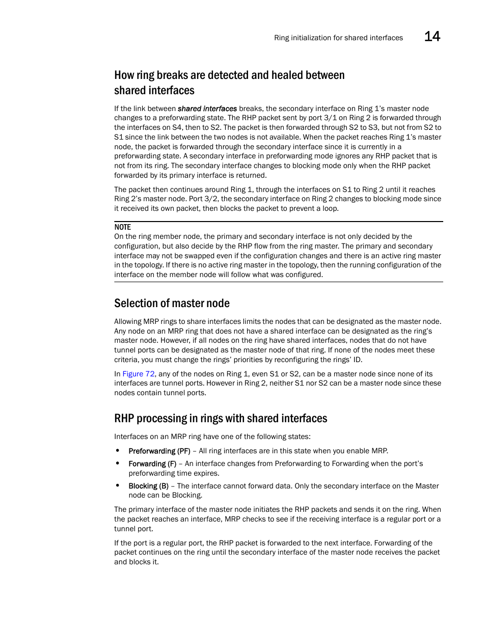 Selection of master node, Rhp processing in rings with shared interfaces | Brocade BigIron RX Series Configuration Guide User Manual | Page 497 / 1550