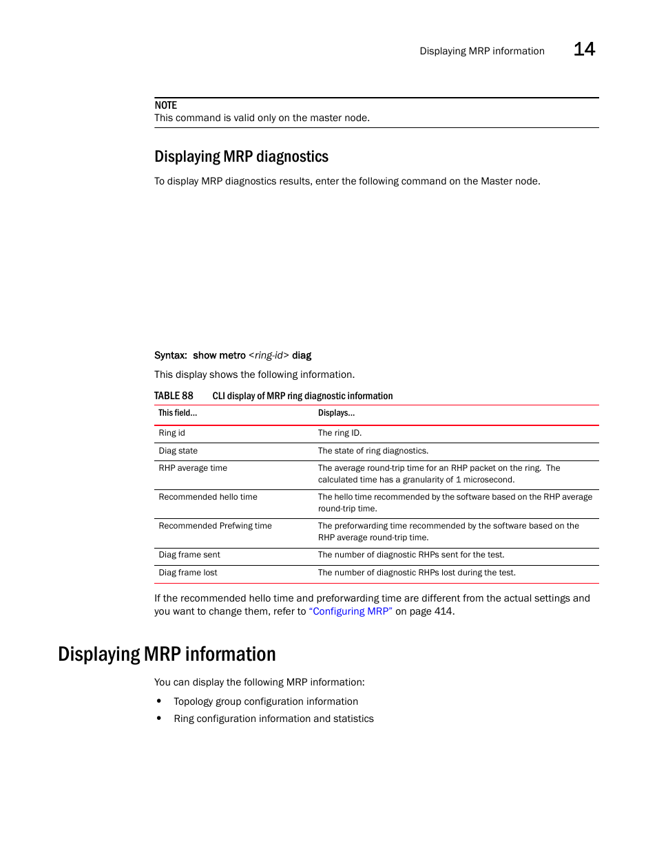 Displaying mrp diagnostics, Displaying mrp information | Brocade BigIron RX Series Configuration Guide User Manual | Page 501 / 1550