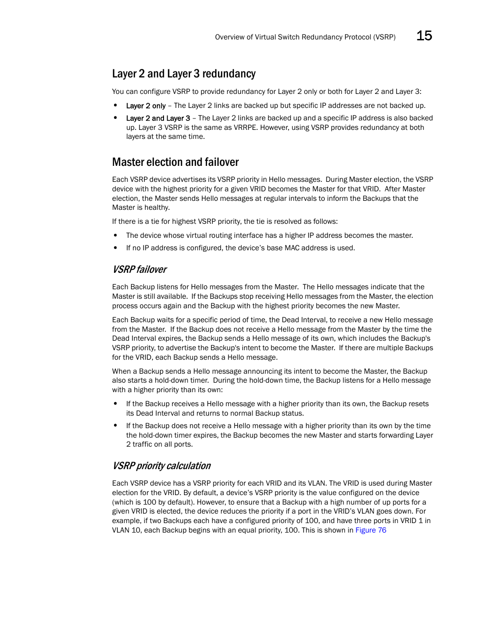 Layer 2 and layer 3 redundancy, Master election and failover, Vsrp failover | Vsrp priority calculation | Brocade BigIron RX Series Configuration Guide User Manual | Page 509 / 1550