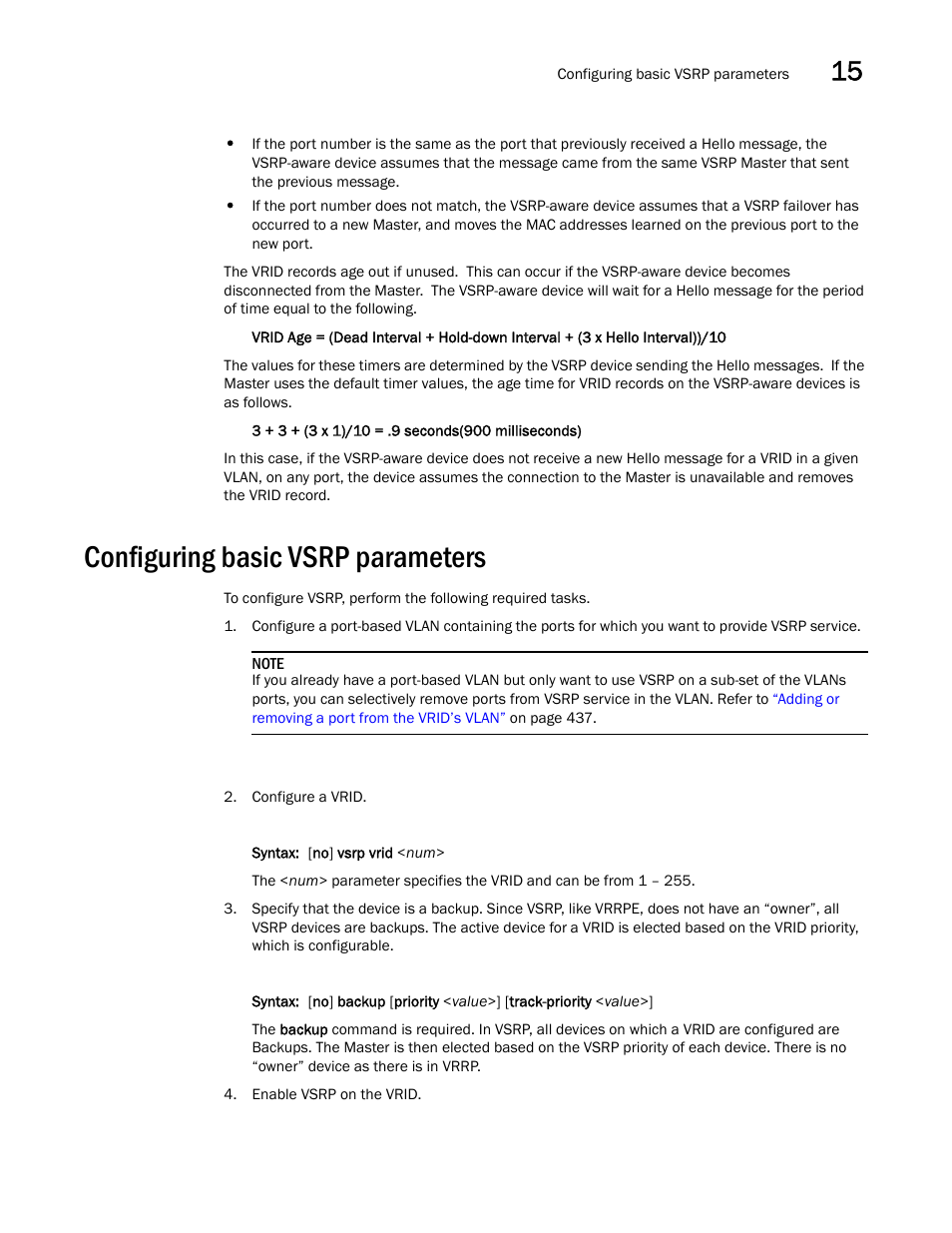 Configuring basic vsrp parameters | Brocade BigIron RX Series Configuration Guide User Manual | Page 513 / 1550