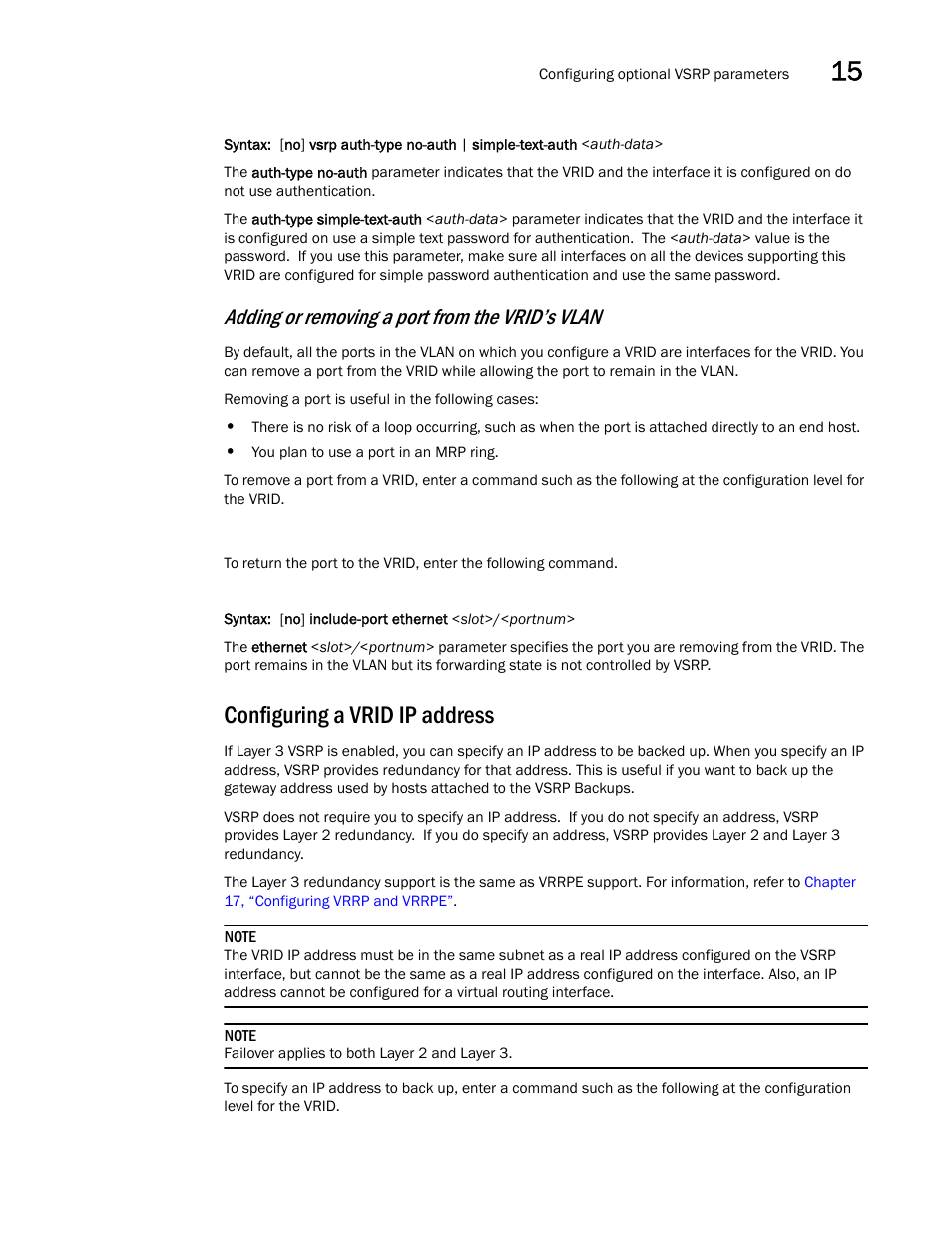 Configuring a vrid ip address, Adding or, Removing a port from the vrid’s vlan | Adding or removing a port from the vrid’s vlan | Brocade BigIron RX Series Configuration Guide User Manual | Page 515 / 1550