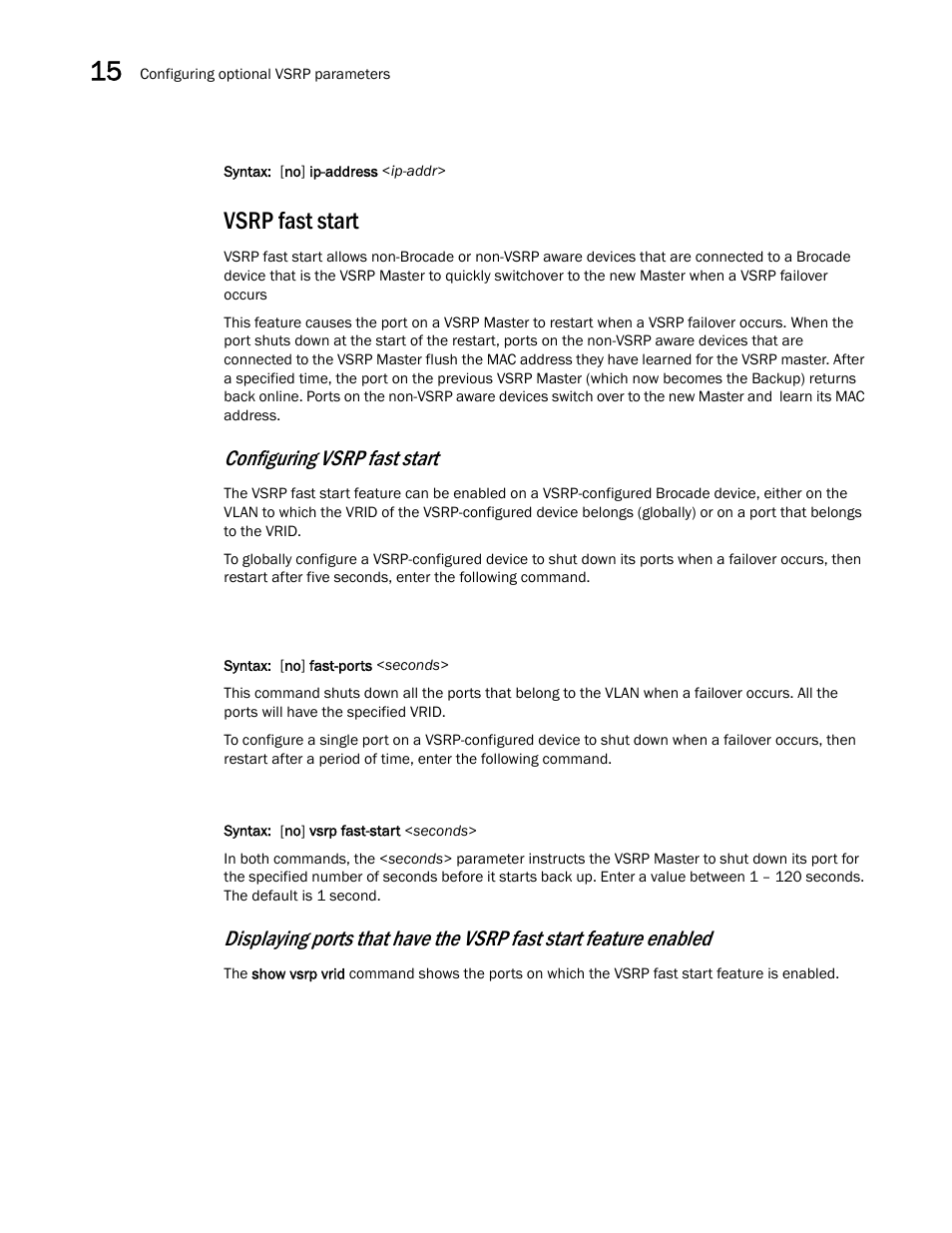 Vsrp fast start, Configuring vsrp fast start | Brocade BigIron RX Series Configuration Guide User Manual | Page 516 / 1550