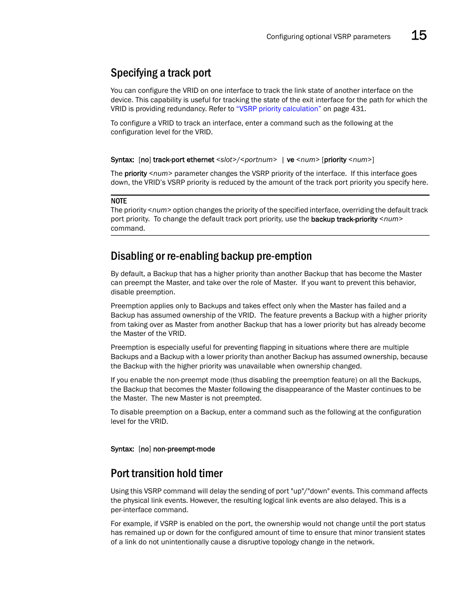 Specifying a track port, Disabling or re-enabling backup pre-emption, Port transition hold timer | Brocade BigIron RX Series Configuration Guide User Manual | Page 521 / 1550