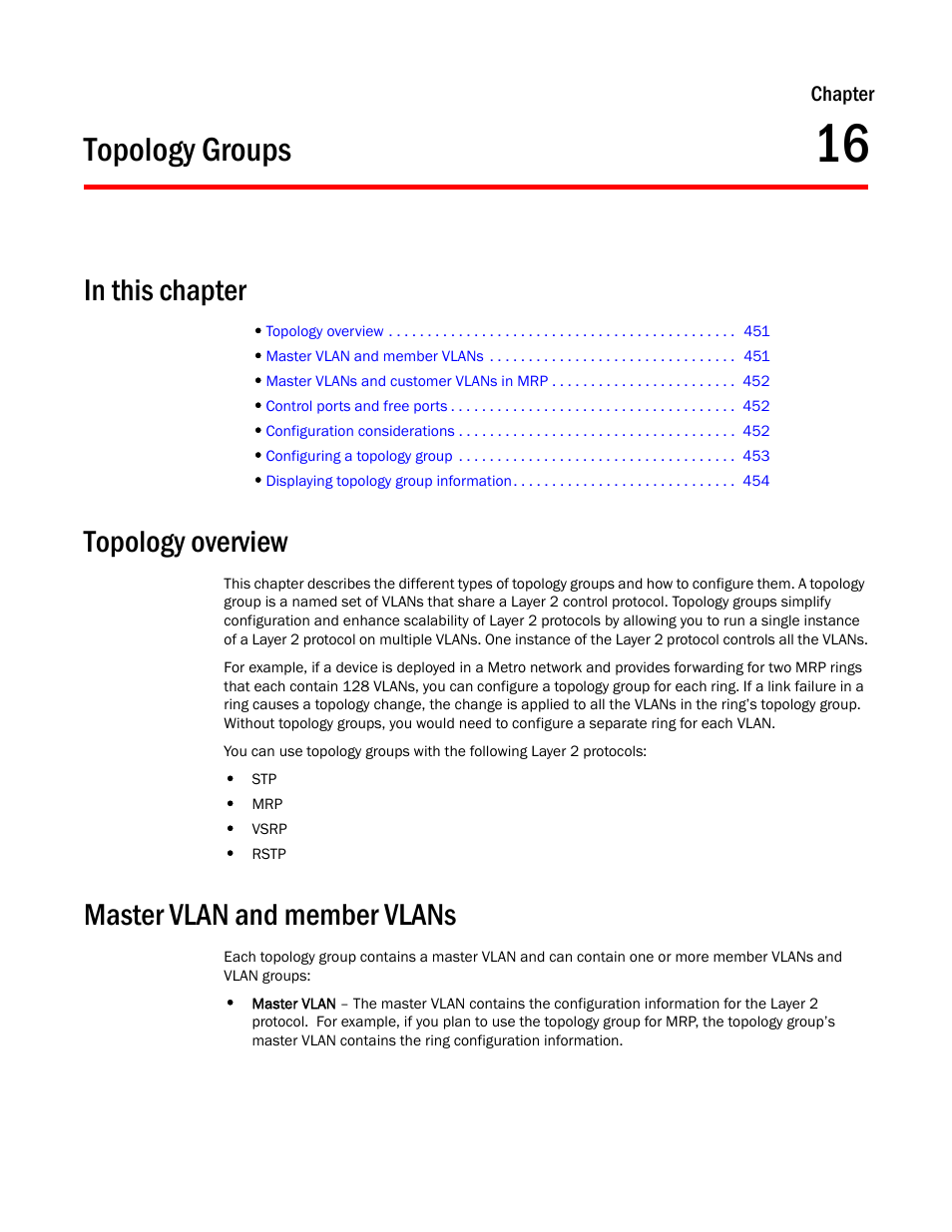 Topology groups, Topology overview, Master vlan and member vlans | Chapter 16, Chapter 16, “topology groups, Chapter, 16, “topology groups | Brocade BigIron RX Series Configuration Guide User Manual | Page 529 / 1550