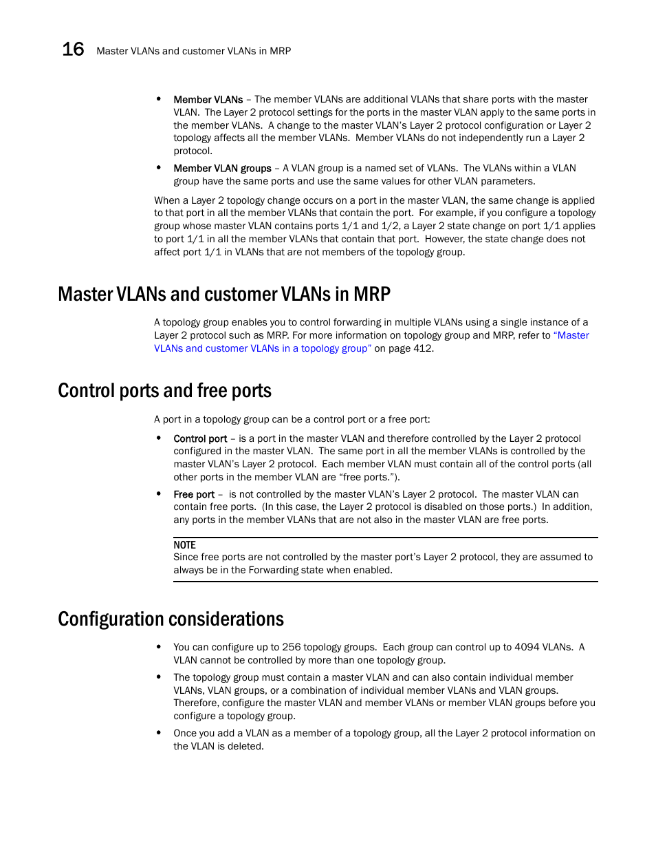 Master vlans and customer vlans in mrp, Control ports and free ports, Configuration considerations | Brocade BigIron RX Series Configuration Guide User Manual | Page 530 / 1550