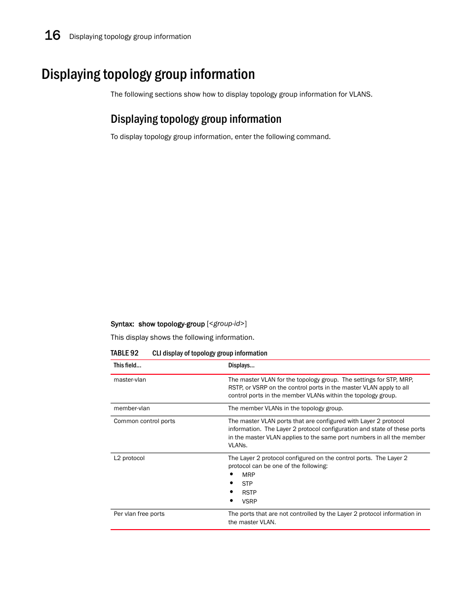 Displaying topology group information | Brocade BigIron RX Series Configuration Guide User Manual | Page 532 / 1550