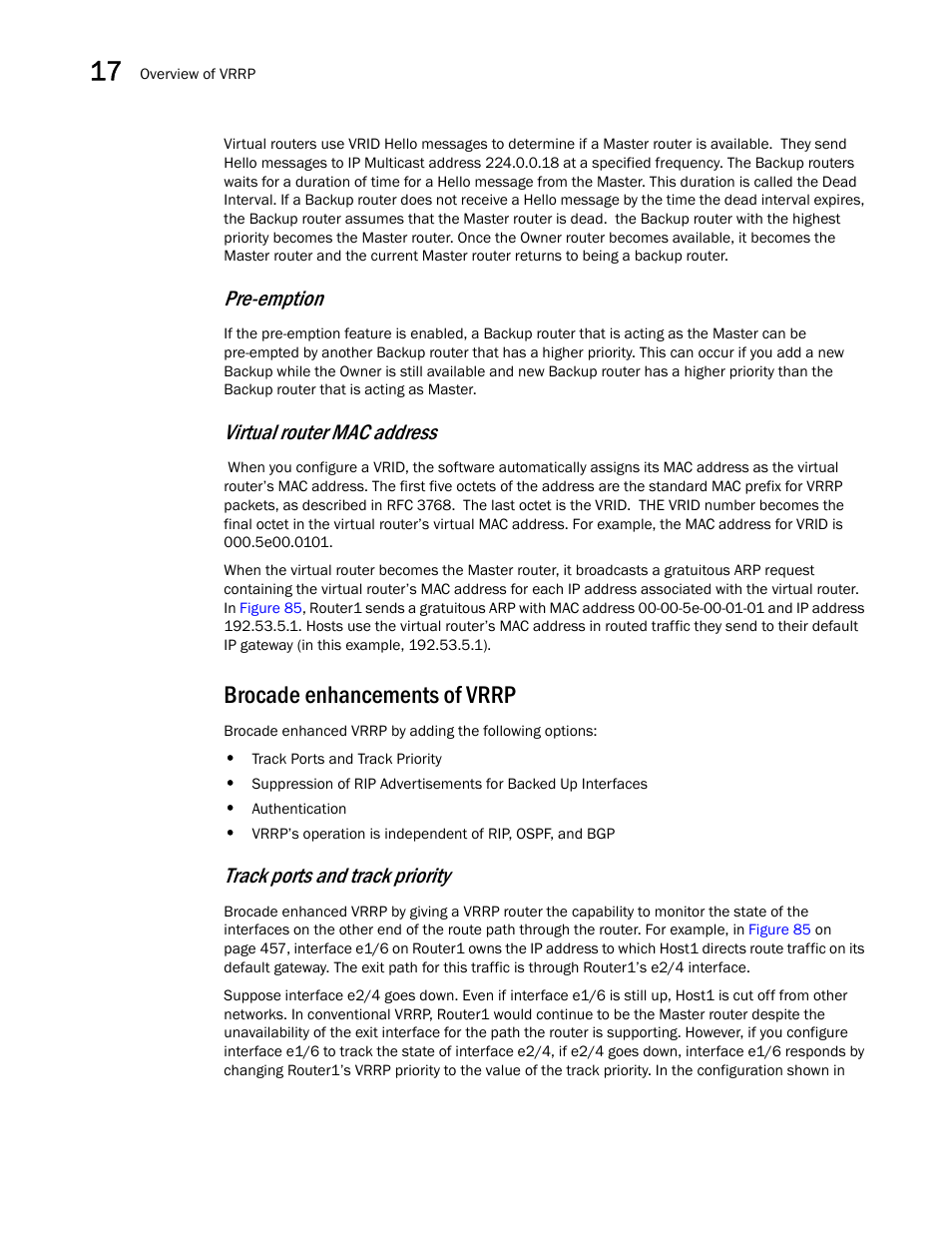 Brocade enhancements of vrrp, Pre-emption, Virtual router mac address | Track ports and track priority | Brocade BigIron RX Series Configuration Guide User Manual | Page 536 / 1550