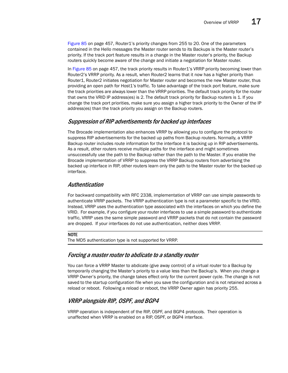 Authentication, Vrrp alongside rip, ospf, and bgp4 | Brocade BigIron RX Series Configuration Guide User Manual | Page 537 / 1550