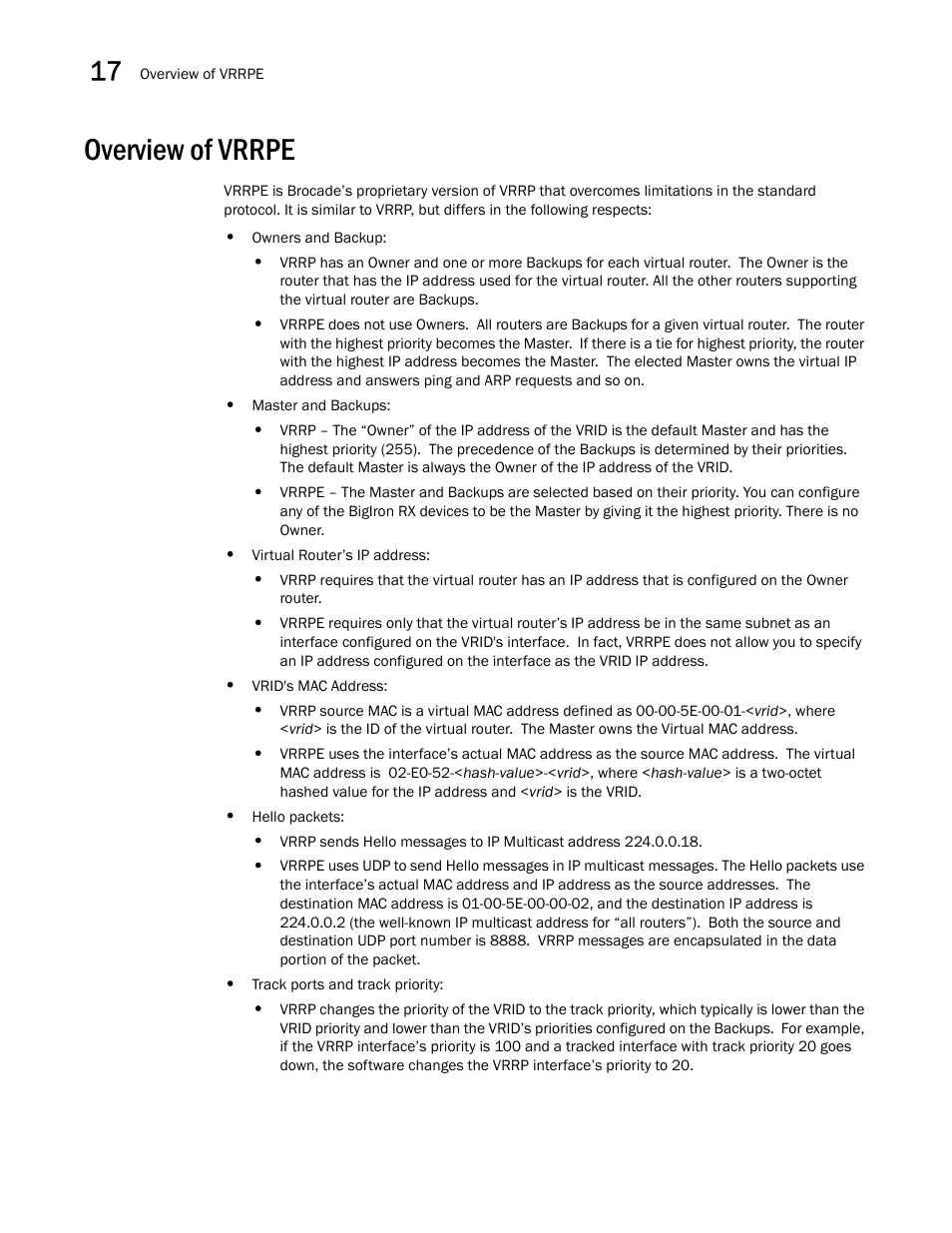 Overview of vrrpe | Brocade BigIron RX Series Configuration Guide User Manual | Page 538 / 1550