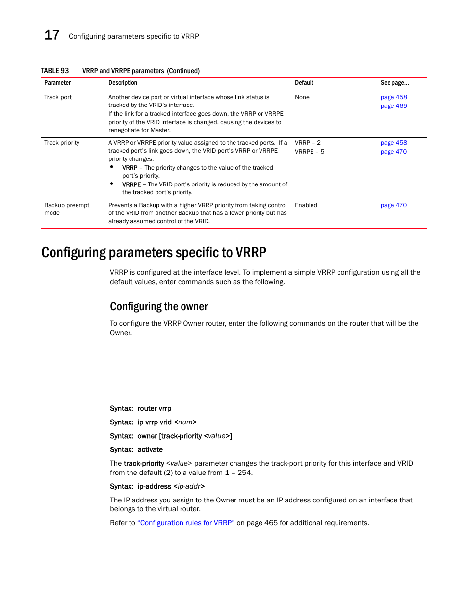 Configuring parameters specific to vrrp, Configuring the owner | Brocade BigIron RX Series Configuration Guide User Manual | Page 542 / 1550