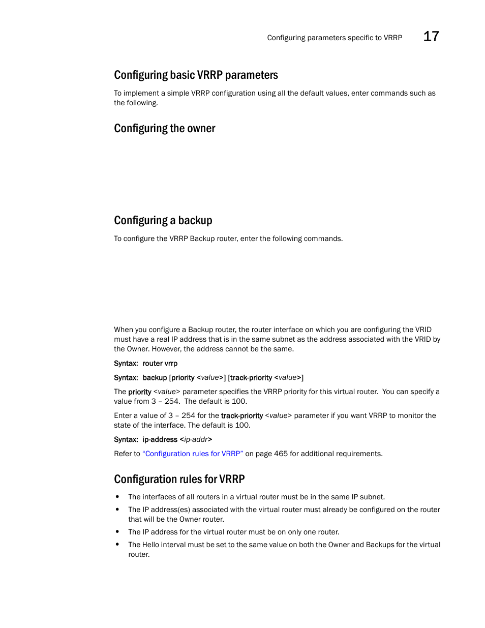 Configuring basic vrrp parameters, Configuring the owner, Configuring a backup | Configuration rules for vrrp | Brocade BigIron RX Series Configuration Guide User Manual | Page 543 / 1550