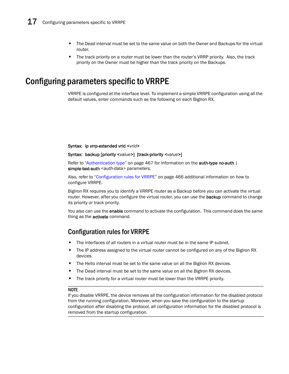 Configuring parameters specific to vrrpe, Configuration rules for vrrpe | Brocade BigIron RX Series Configuration Guide User Manual | Page 544 / 1550