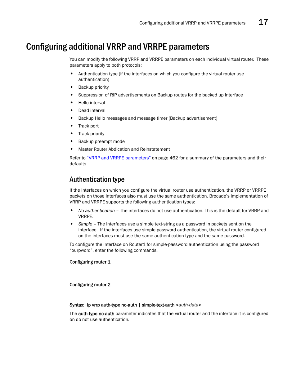 Configuring additional vrrp and vrrpe parameters, Authentication type | Brocade BigIron RX Series Configuration Guide User Manual | Page 545 / 1550