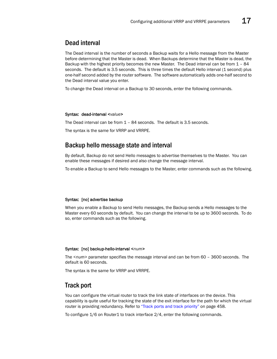 Dead interval, Backup hello message state and interval, Track port | Brocade BigIron RX Series Configuration Guide User Manual | Page 547 / 1550