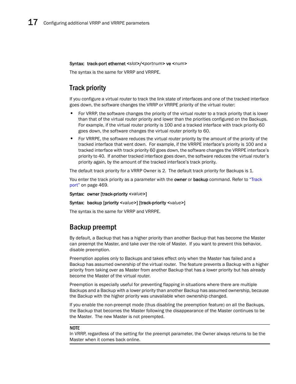 Track priority, Backup preempt | Brocade BigIron RX Series Configuration Guide User Manual | Page 548 / 1550