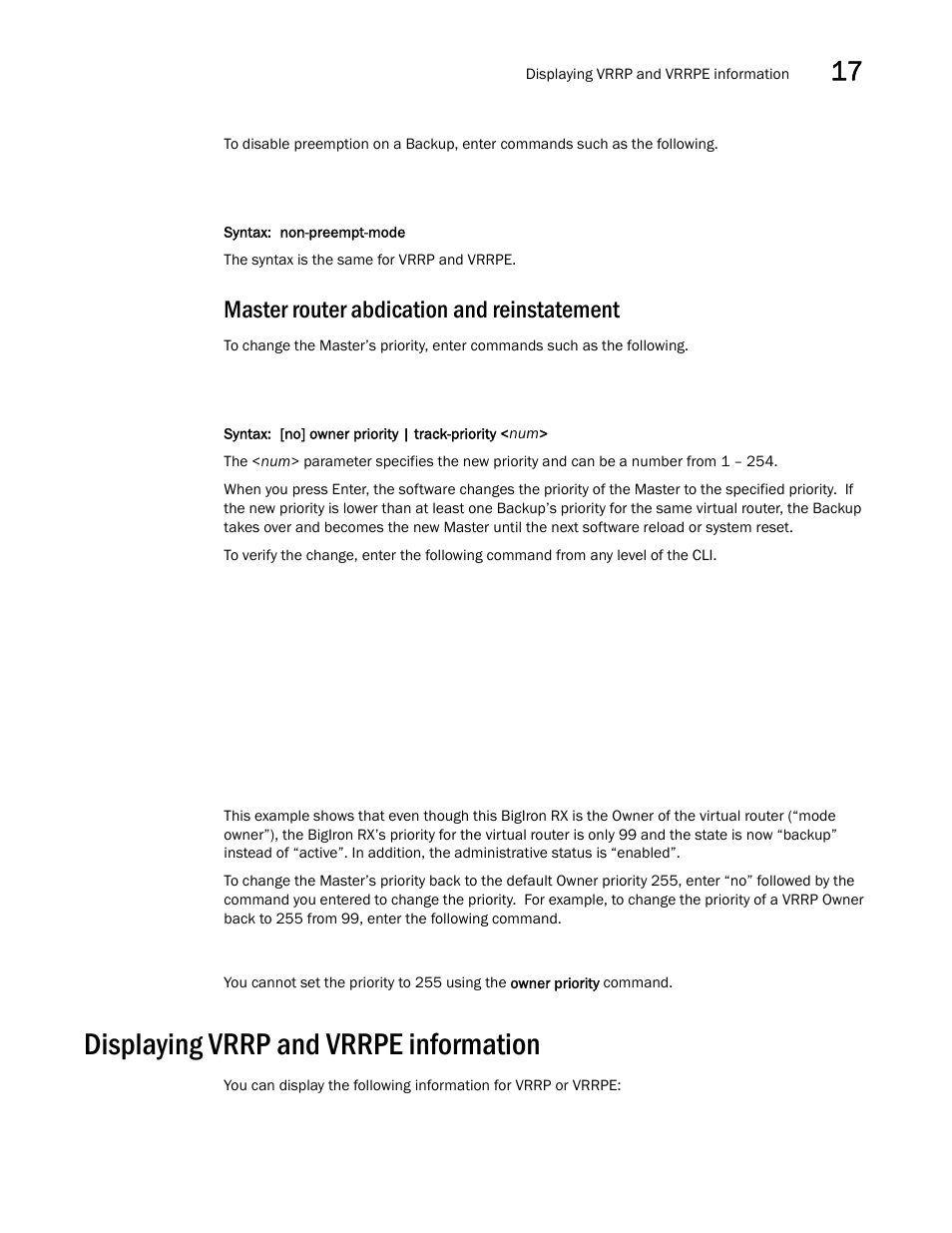 Master router abdication and reinstatement, Displaying vrrp and vrrpe information | Brocade BigIron RX Series Configuration Guide User Manual | Page 549 / 1550