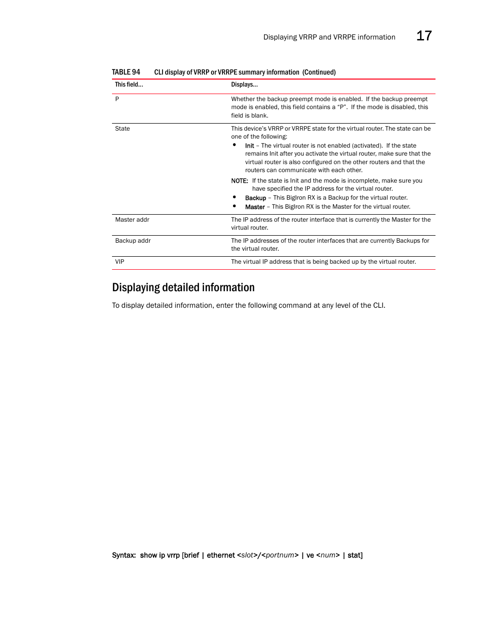 Displaying detailed information | Brocade BigIron RX Series Configuration Guide User Manual | Page 551 / 1550