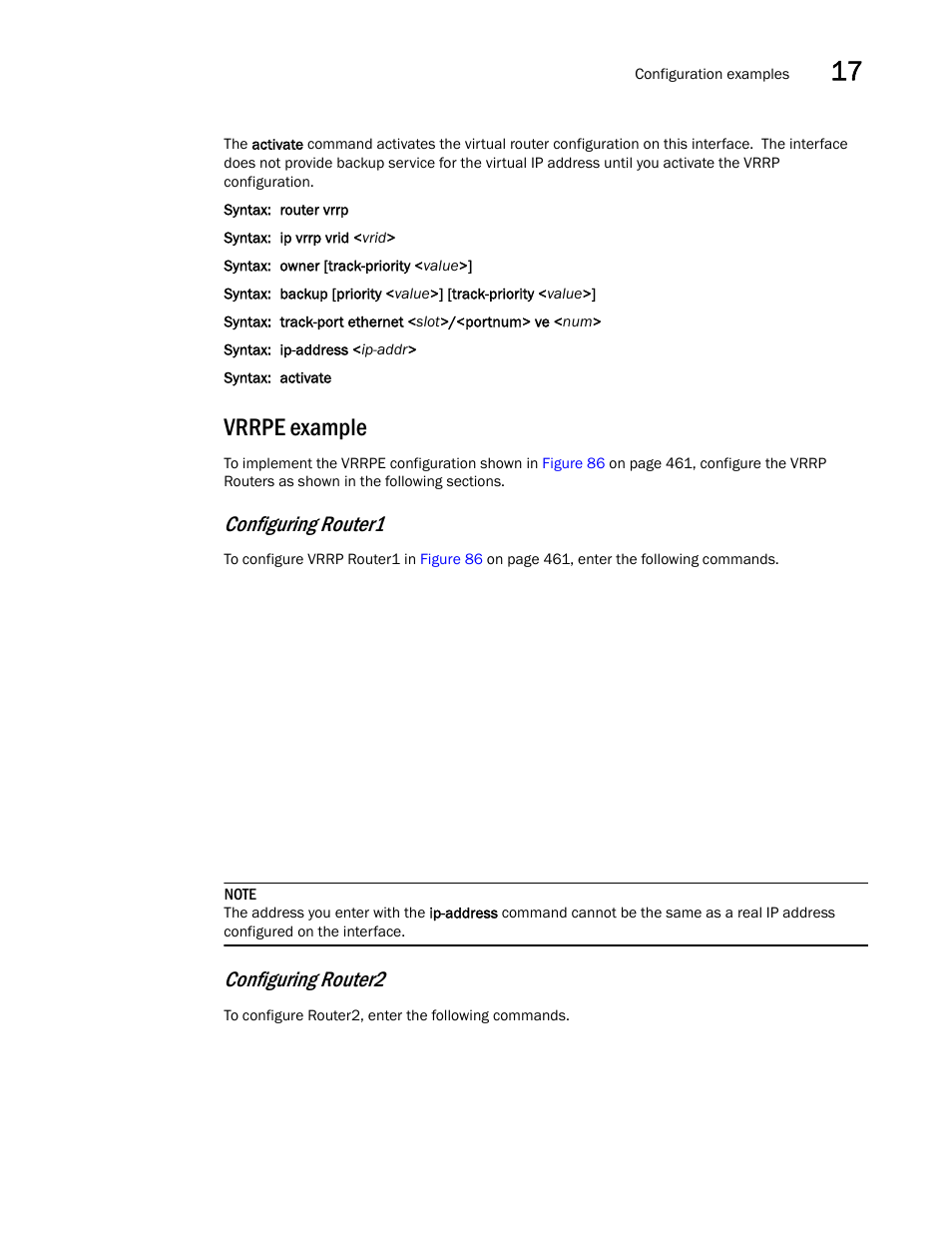 Vrrpe example, Configuring router1, Configuring router2 | Brocade BigIron RX Series Configuration Guide User Manual | Page 557 / 1550