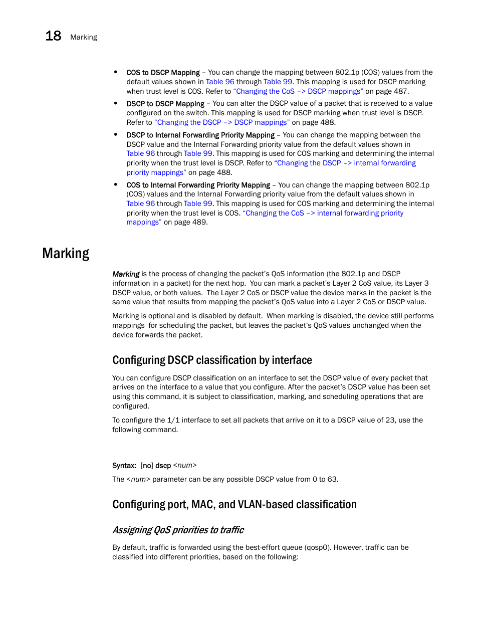 Marking, Configuring dscp classification by interface, Assigning qos priorities to traffic | Brocade BigIron RX Series Configuration Guide User Manual | Page 562 / 1550