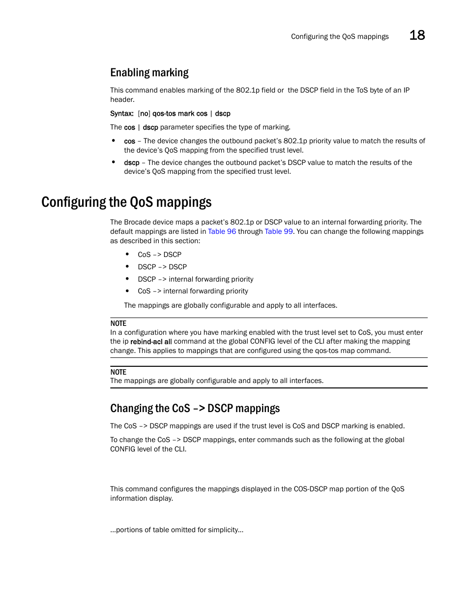 Enabling marking, Configuring the qos mappings, Changing the cos –> dscp mappings | Brocade BigIron RX Series Configuration Guide User Manual | Page 565 / 1550