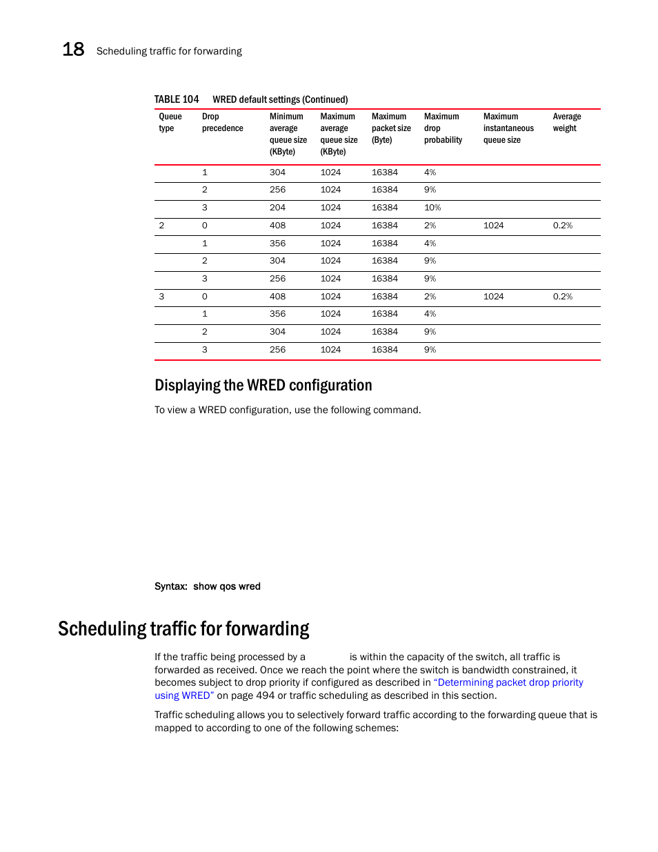Displaying the wred configuration, Scheduling traffic for forwarding | Brocade BigIron RX Series Configuration Guide User Manual | Page 578 / 1550