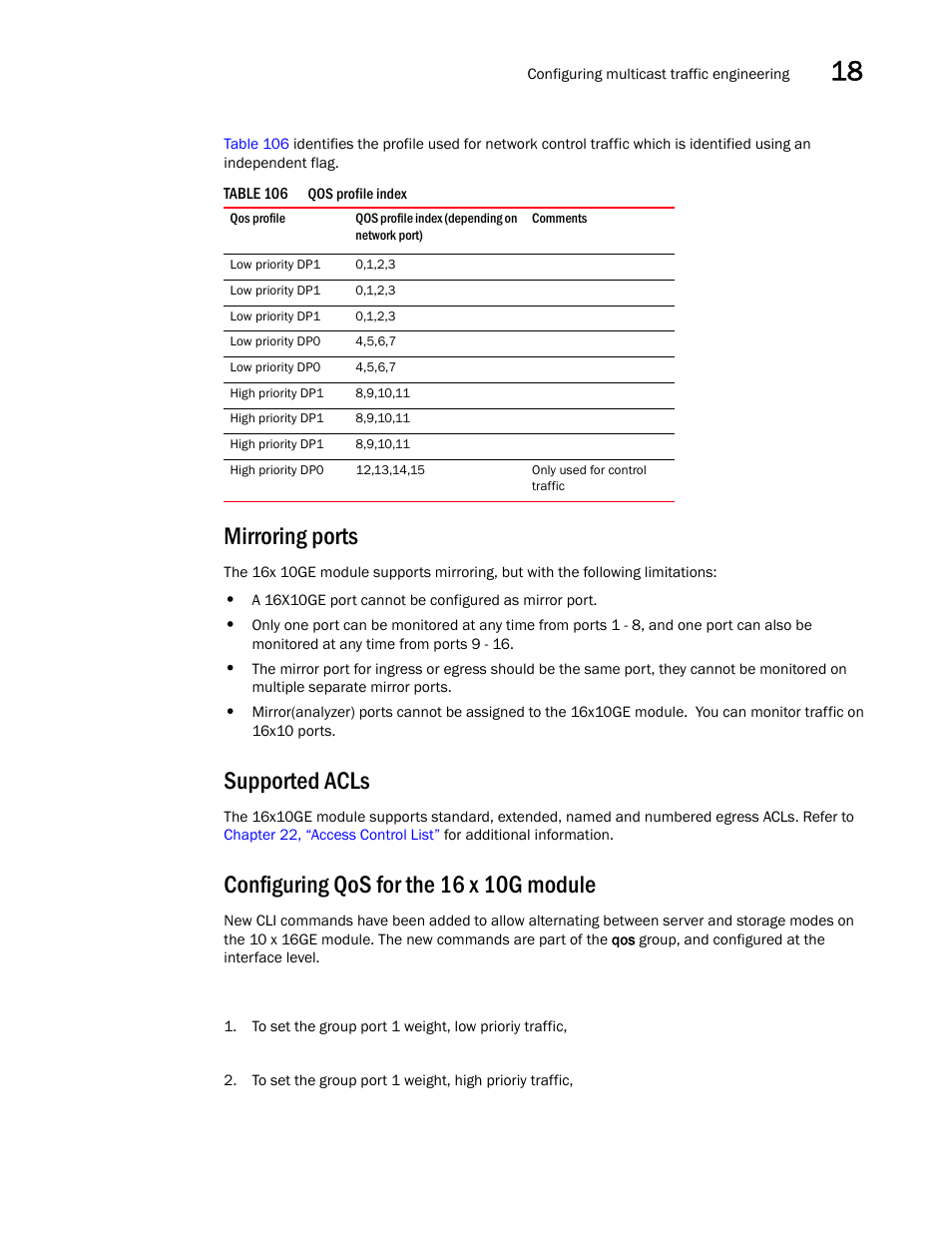 Mirroring ports, Supported acls, Configuring qos for the 16 x 10g module | Configuring qos, For the 16 x 10g module | Brocade BigIron RX Series Configuration Guide User Manual | Page 587 / 1550