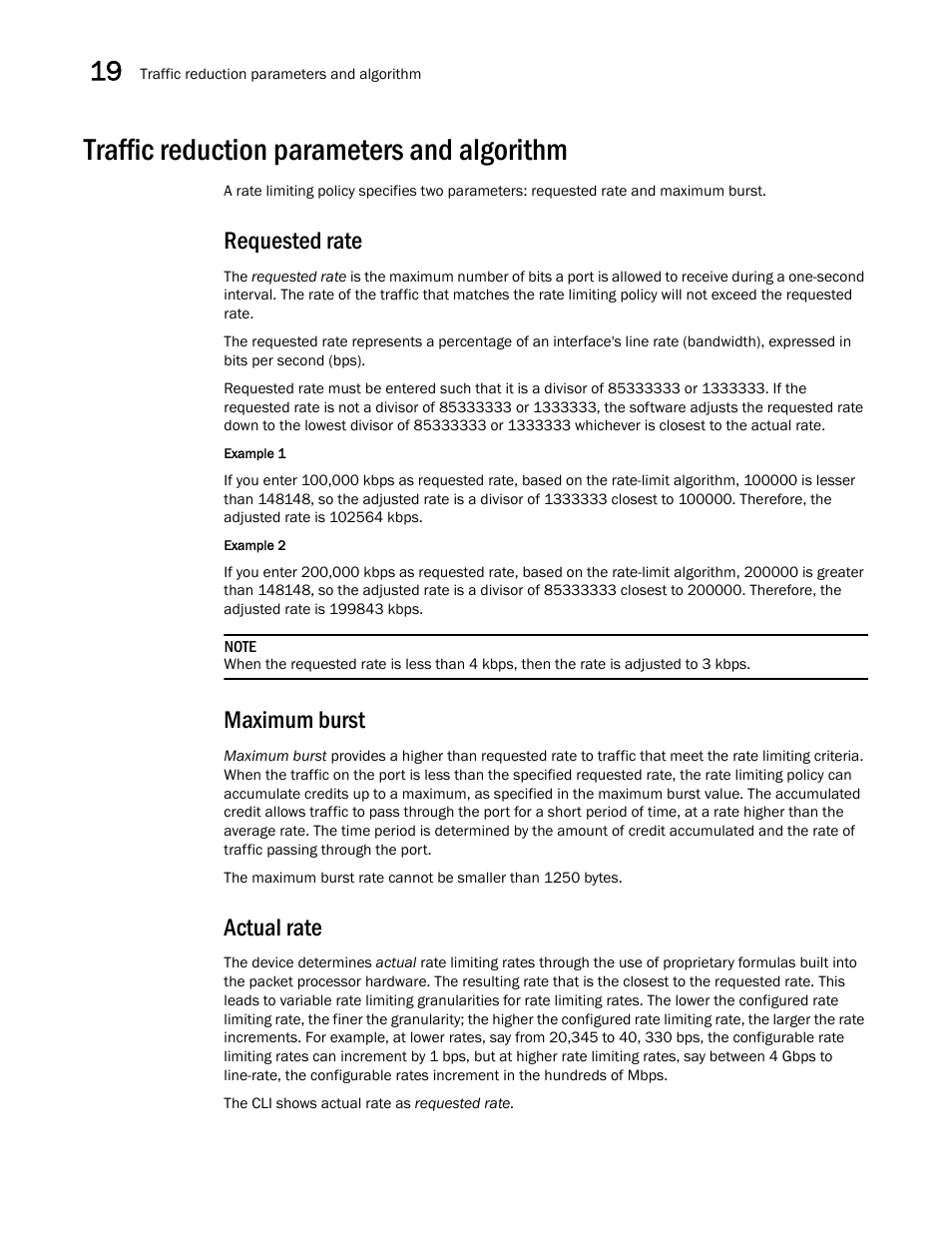 Traffic reduction parameters and algorithm, Requested rate, Maximum burst | Actual rate | Brocade BigIron RX Series Configuration Guide User Manual | Page 590 / 1550