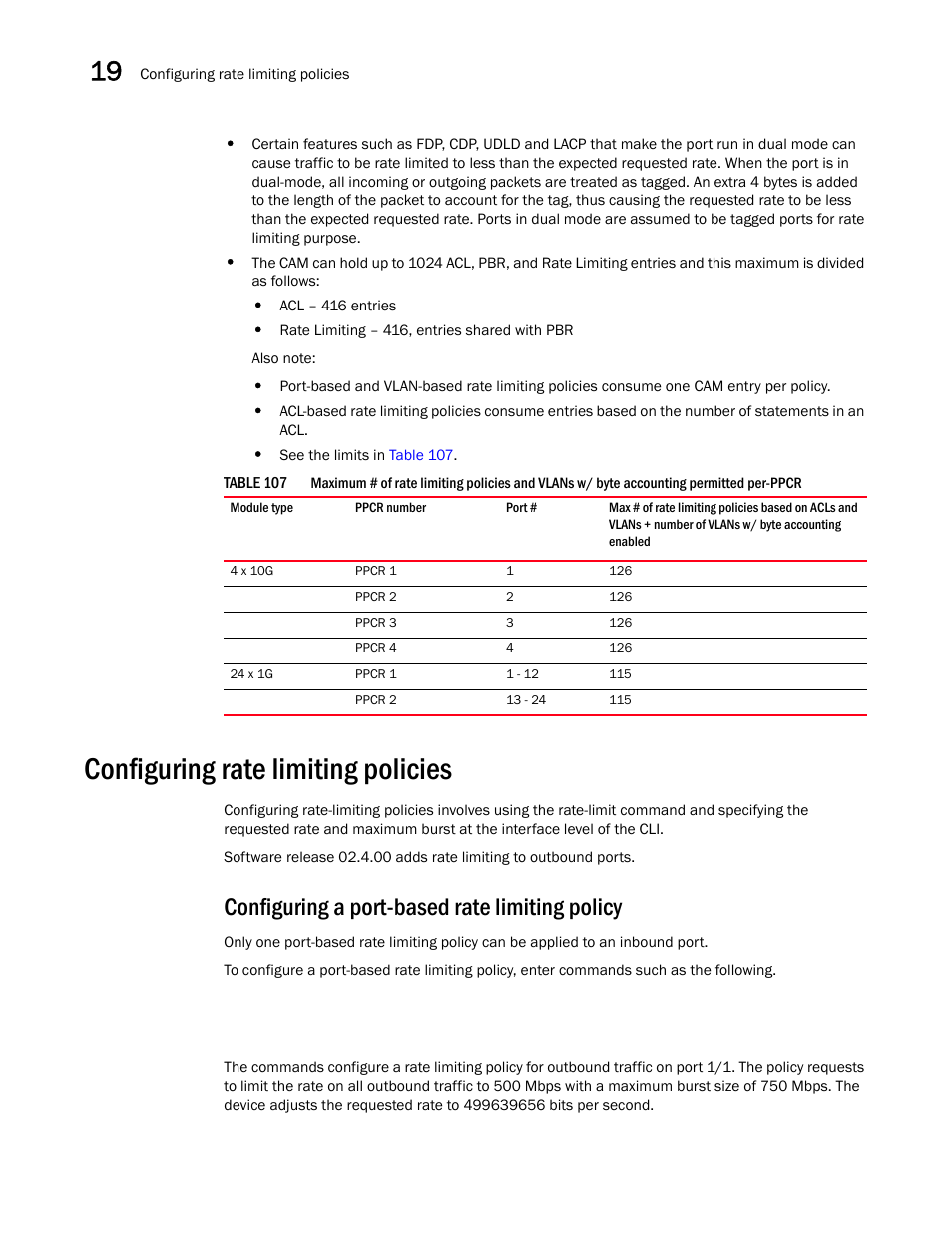 Configuring rate limiting policies, Configuring a port-based rate limiting policy, Configuring a port-based rate limiting | Policy | Brocade BigIron RX Series Configuration Guide User Manual | Page 592 / 1550