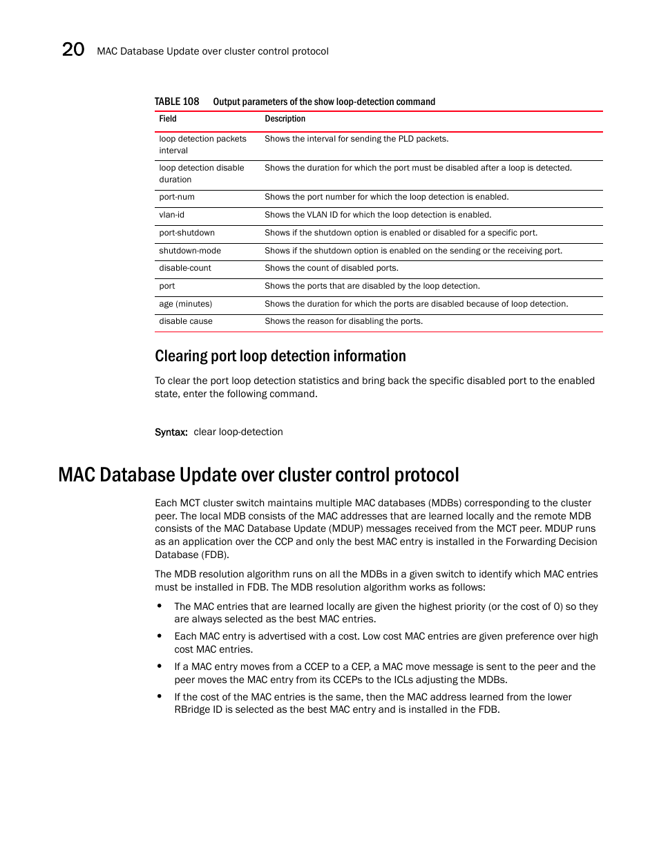 Clearing port loop detection information, Mac database update over cluster control protocol | Brocade BigIron RX Series Configuration Guide User Manual | Page 644 / 1550