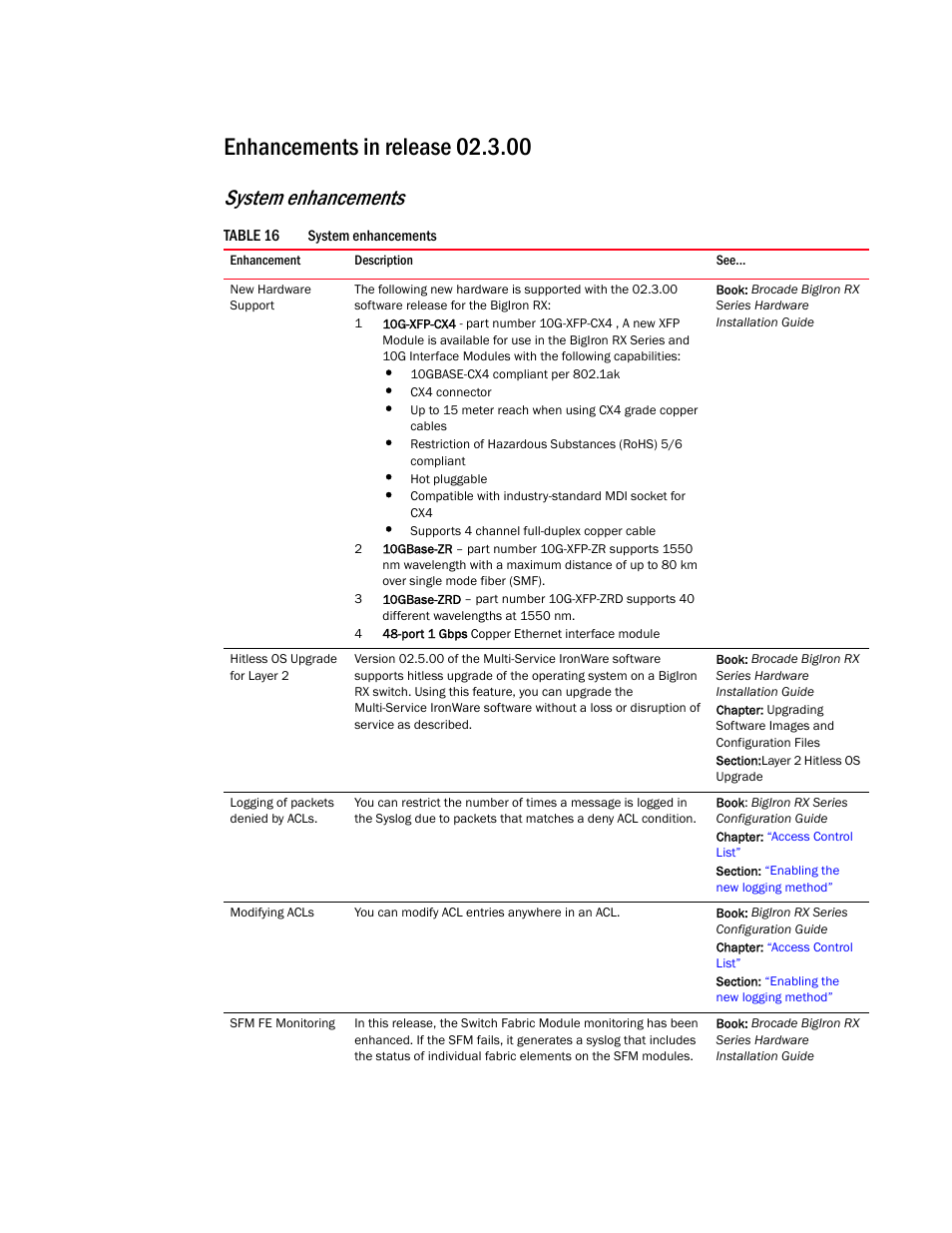 Enhancements in release 02.3.00, System enhancements | Brocade BigIron RX Series Configuration Guide User Manual | Page 65 / 1550