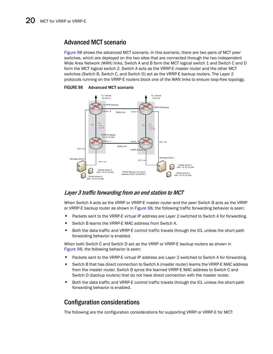 Advanced mct scenario, Configuration considerations, Figure 98 | Mct for vrrp or vrrp-e | Brocade BigIron RX Series Configuration Guide User Manual | Page 662 / 1550