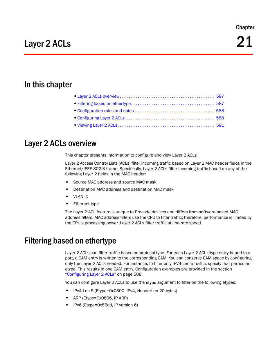 Layer 2 acls, Layer 2 acls overview, Filtering based on ethertype | Chapter 21 | Brocade BigIron RX Series Configuration Guide User Manual | Page 665 / 1550