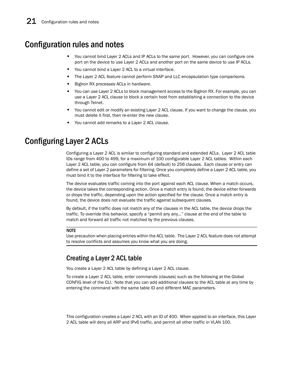 Configuration rules and notes, Configuring layer 2 acls, Creating a layer 2 acl table | Brocade BigIron RX Series Configuration Guide User Manual | Page 666 / 1550