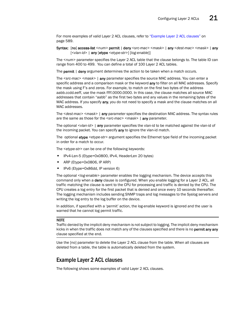 Example layer 2 acl clauses | Brocade BigIron RX Series Configuration Guide User Manual | Page 667 / 1550