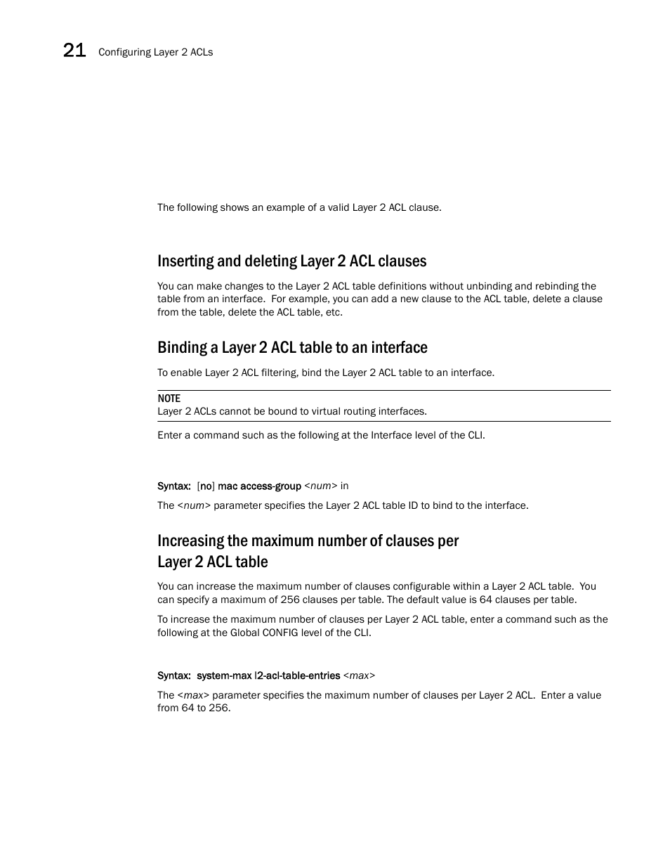 Inserting and deleting layer 2 acl clauses, Binding a layer 2 acl table to an interface | Brocade BigIron RX Series Configuration Guide User Manual | Page 668 / 1550