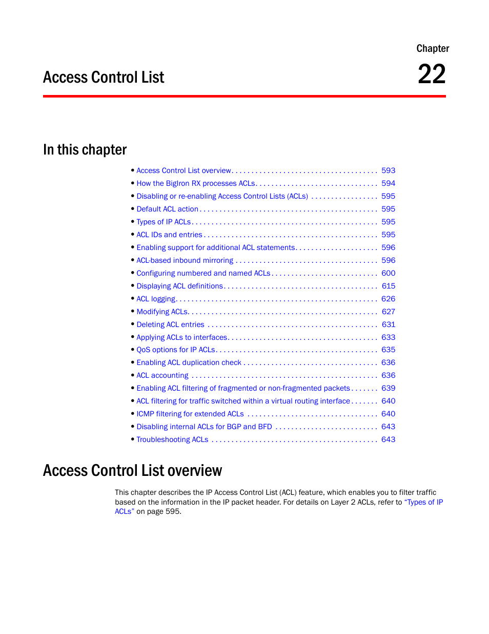 Access control list, Access control list overview, Chapter 22 | Access control, List, Chapter 22, “access control list | Brocade BigIron RX Series Configuration Guide User Manual | Page 671 / 1550