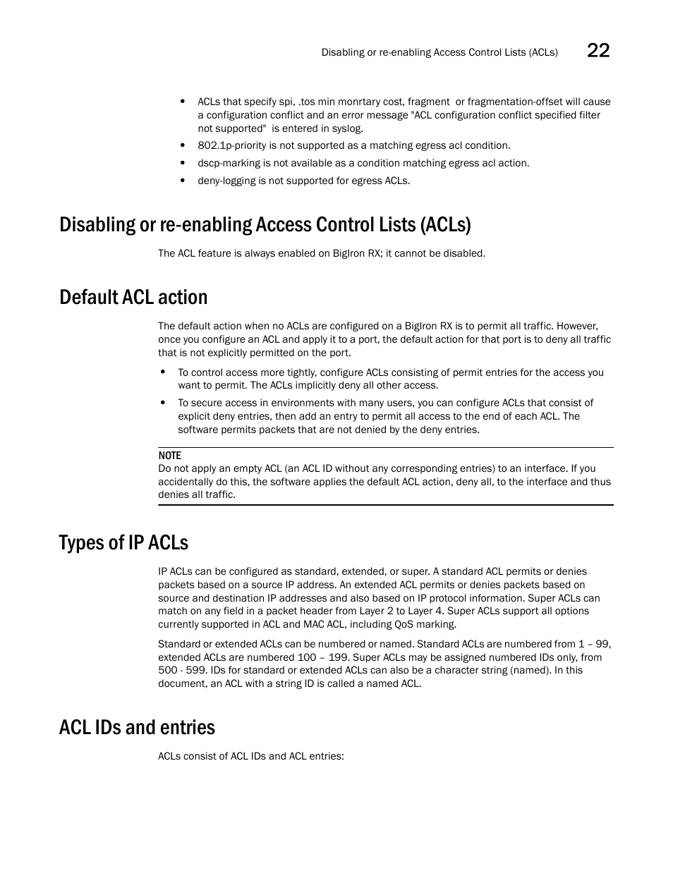 Default acl action, Types of ip acls, Acl ids and entries | Types of ip, Acls | Brocade BigIron RX Series Configuration Guide User Manual | Page 673 / 1550