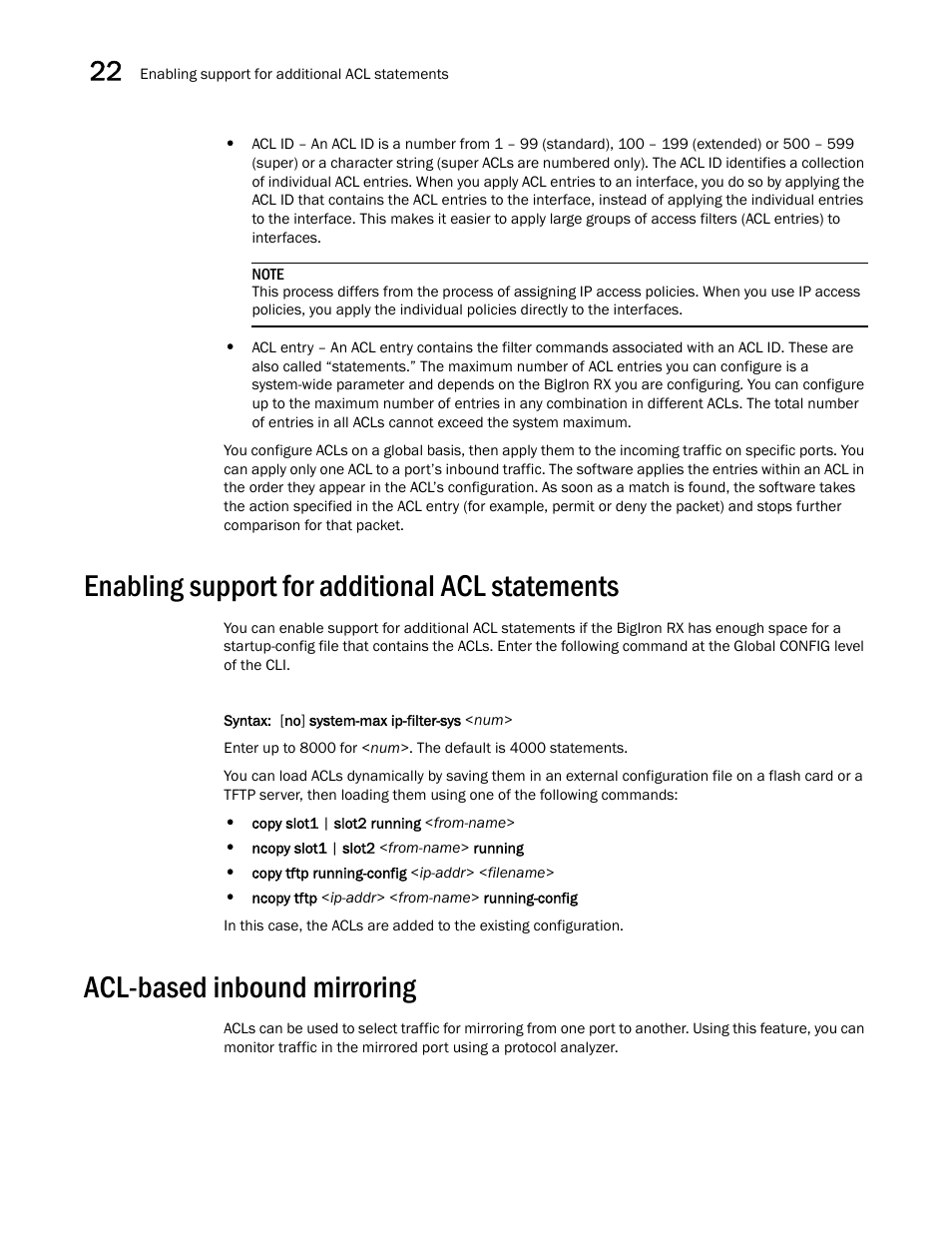 Enabling support for additional acl statements, Acl-based inbound mirroring, Acl-based | Inbound mirroring | Brocade BigIron RX Series Configuration Guide User Manual | Page 674 / 1550