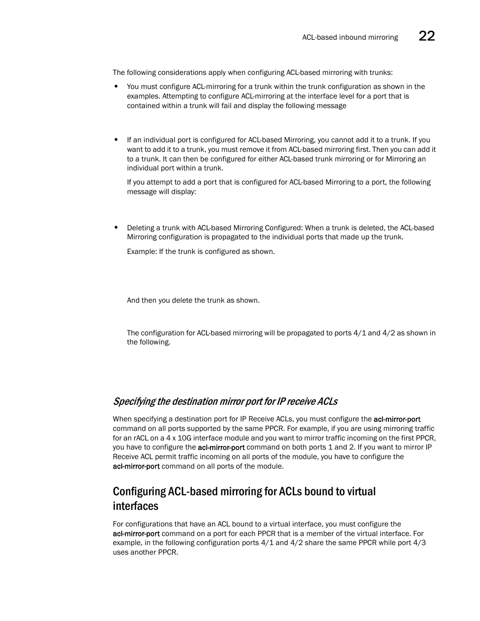 Specifying the, Destination mirror port for ip receive acls | Brocade BigIron RX Series Configuration Guide User Manual | Page 677 / 1550