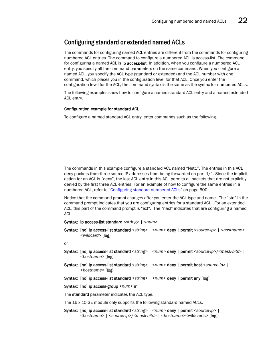 Configuring standard or extended named acls, Configuring standard or extended, Named acls | Brocade BigIron RX Series Configuration Guide User Manual | Page 689 / 1550