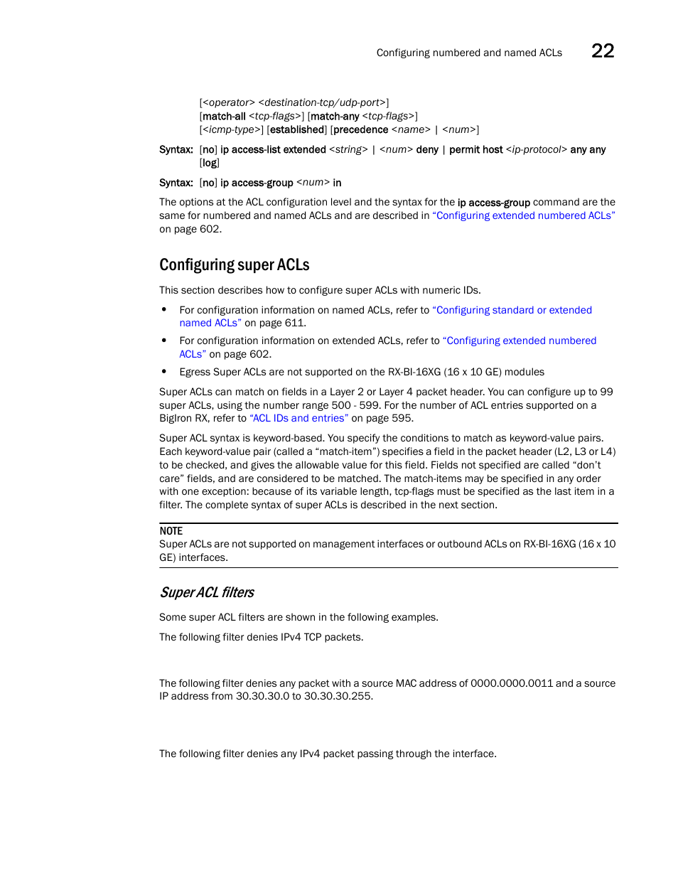 Configuring super acls, Configuring, Super acls | Super acl filters | Brocade BigIron RX Series Configuration Guide User Manual | Page 691 / 1550