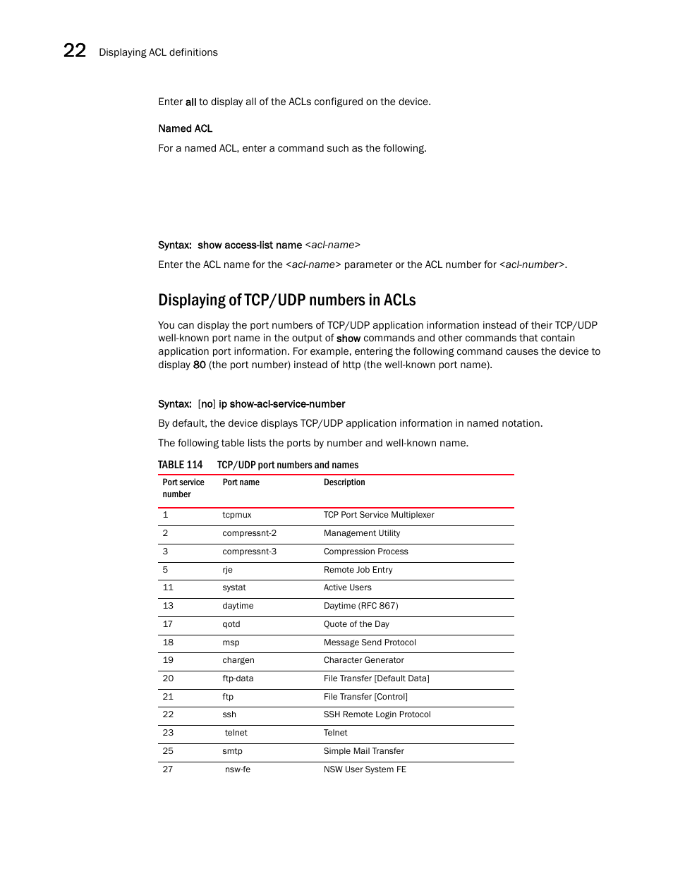 Displaying of tcp/udp numbers in acls | Brocade BigIron RX Series Configuration Guide User Manual | Page 694 / 1550