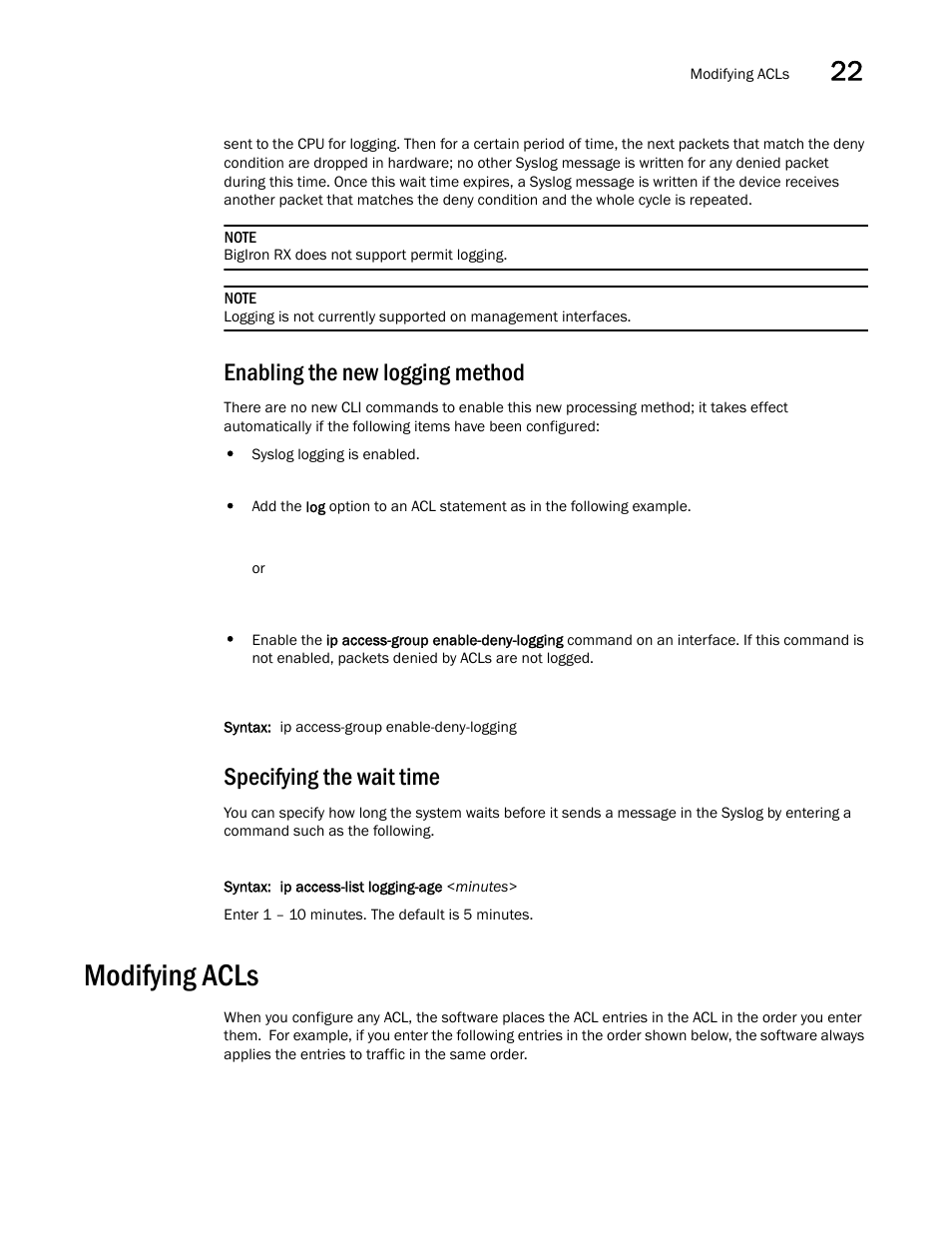 Enabling the new logging method, Specifying the wait time, Modifying acls | Enabling the, New logging method | Brocade BigIron RX Series Configuration Guide User Manual | Page 705 / 1550