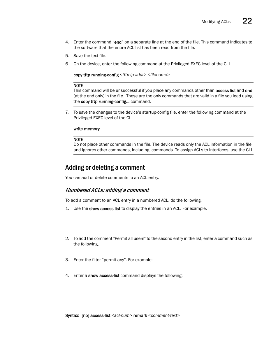 Adding or deleting a comment, Numbered acls: adding a comment | Brocade BigIron RX Series Configuration Guide User Manual | Page 707 / 1550