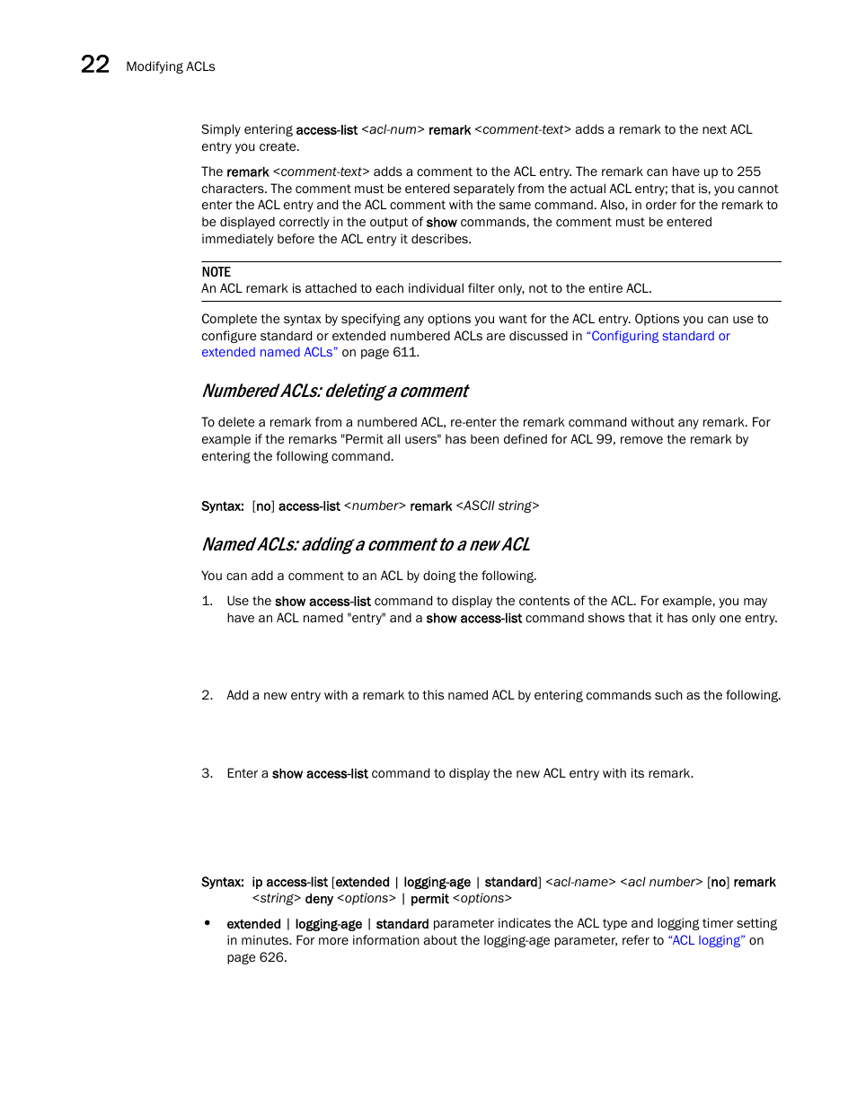 Numbered acls: deleting a comment, Named acls: adding a comment to a new acl | Brocade BigIron RX Series Configuration Guide User Manual | Page 708 / 1550