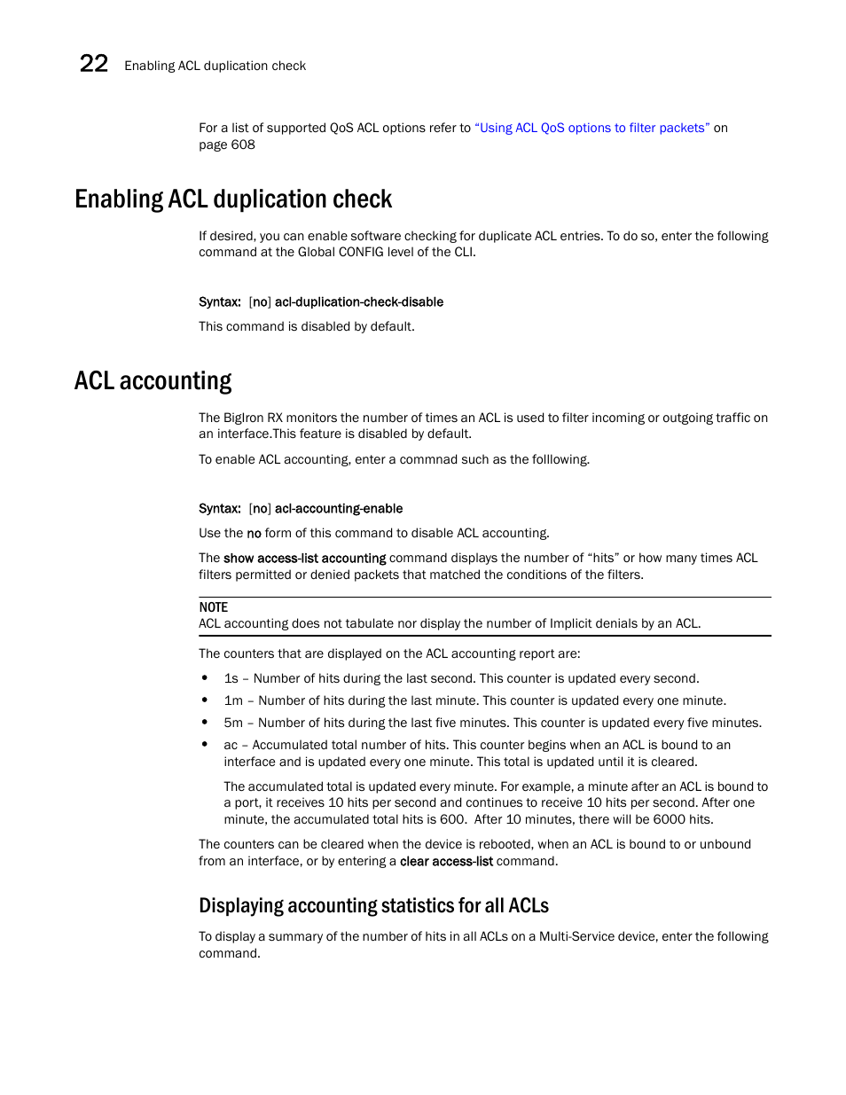 Enabling acl duplication check, Acl accounting, Displaying accounting statistics for all acls | Enabling acl, Duplication check | Brocade BigIron RX Series Configuration Guide User Manual | Page 714 / 1550