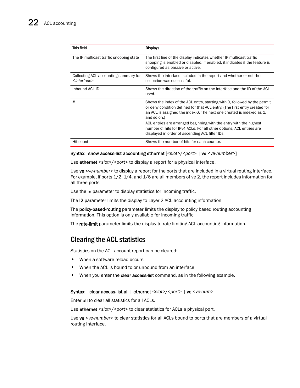 Clearing the acl statistics | Brocade BigIron RX Series Configuration Guide User Manual | Page 716 / 1550