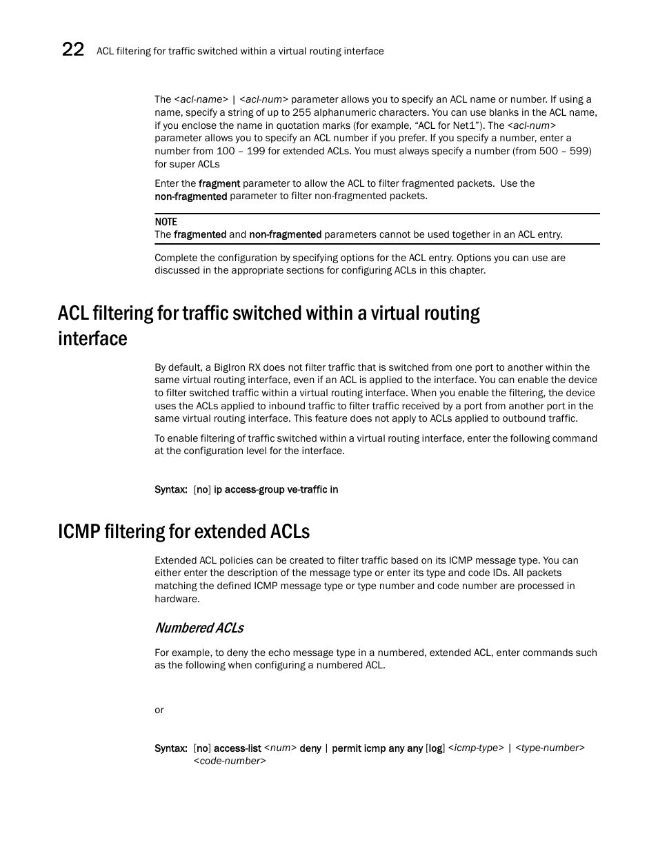 Icmp filtering for extended acls, Numbered acls | Brocade BigIron RX Series Configuration Guide User Manual | Page 718 / 1550